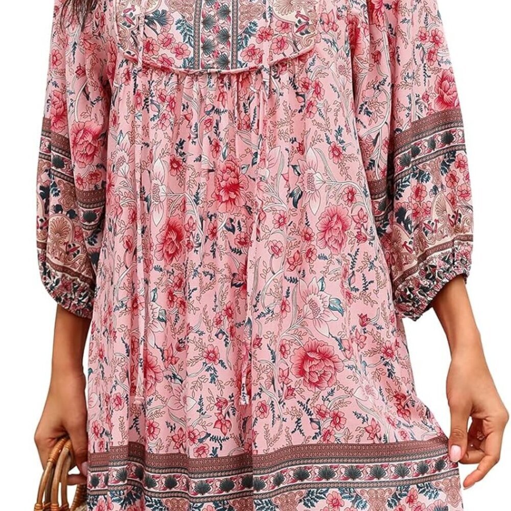 Womens Boho Summer Dress Rayon Floral Print V Neck 3/4 Sleeves Mini Beach Wear